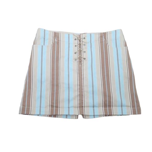 Vintage Y2K Xhilaration blue and tan brown stripe lace-up mini skirt 9 - Picture 1 of 4